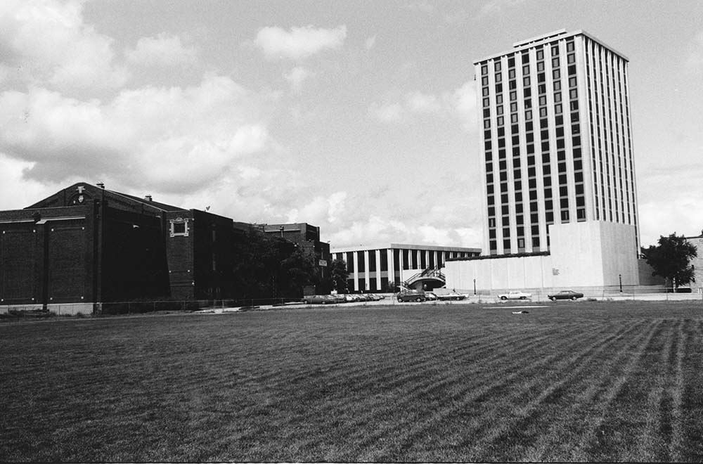 View of the Mertz Complex with Mertz Hall and Centennial Forum Student Union. Also shown is Alumni Gym.