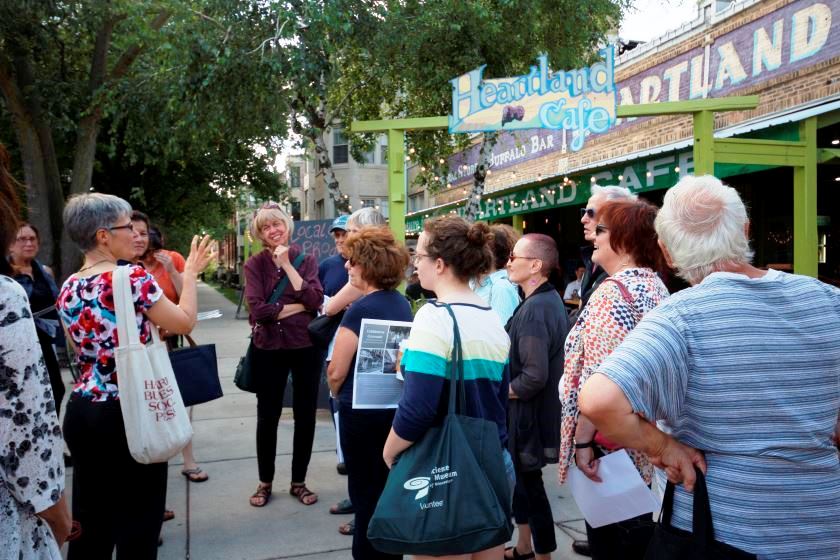 Above photo: Loyola M.A. student Kristin Jacobsen leads a walking tour for the Rogers Park/West Ridge Historical Society as part of a class project organized by Public History Lab. (Photo: David Kogan)