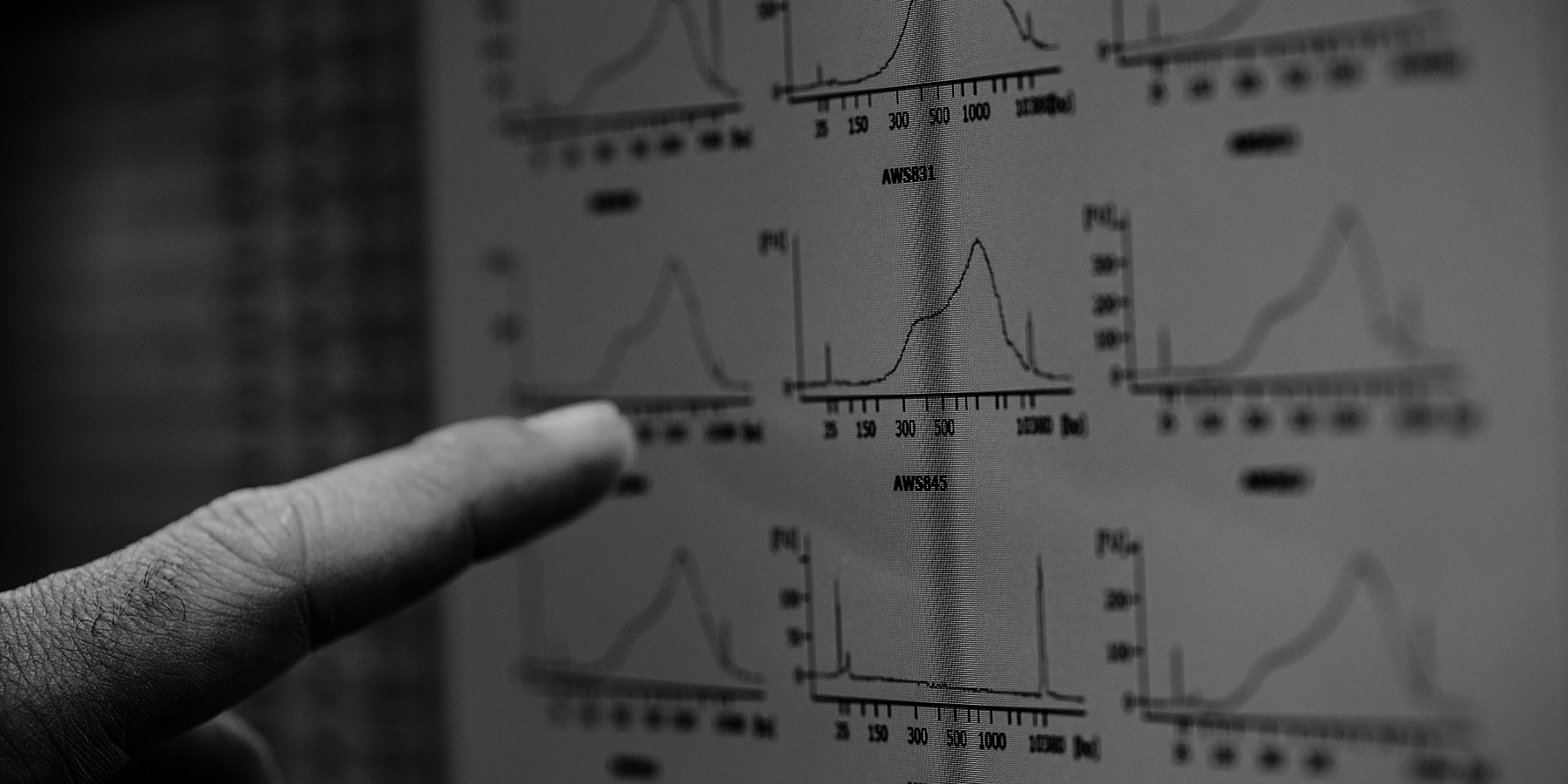 Research charts and data displayed on a monitor