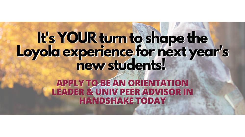 A graphic advertising that students apply for orientation and peer advisor roles