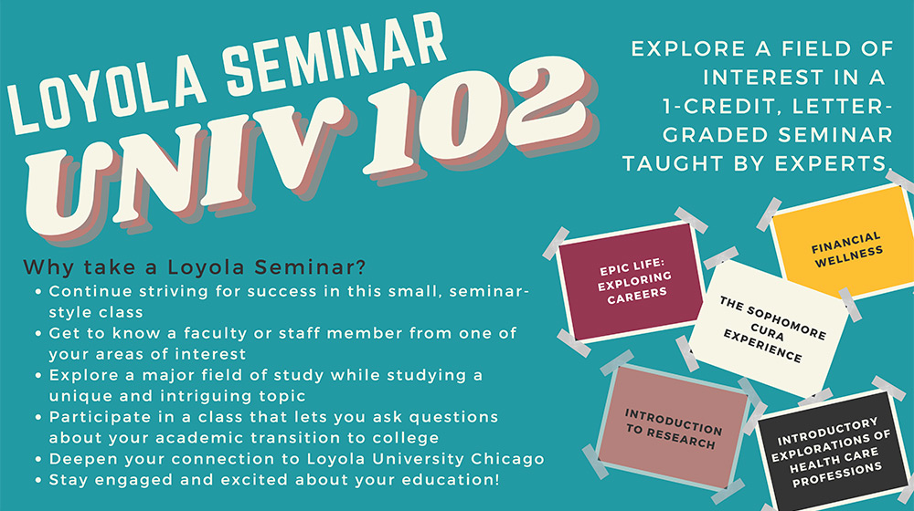 A poster with a teal blue background providing information on the UNIV 102 seminar at Loyola University Chicago