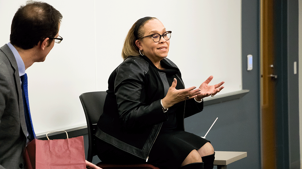 Connie Lindsey speaks about social responsibility with a packed room of Loyola students.