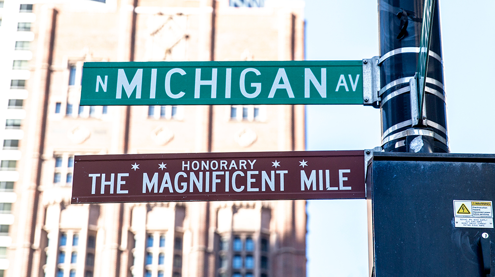 A typical green Michigan Avenue street sign sits above a dark brown Magnificent Mile street sign.