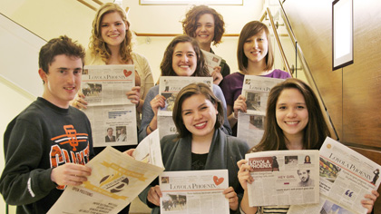 Phoenix editors, Front row, from left: Joaquin Carrig, sports editor; Marrisa Boulanger, closer look editor; Esther Castillejo, editor-in-chief. Back row, from left: Ellie Diaz, copy editor; Thea DiLeonardi, copy editor; Grace Runkel, news editor; Samantha Sartori, assistant news editor. 