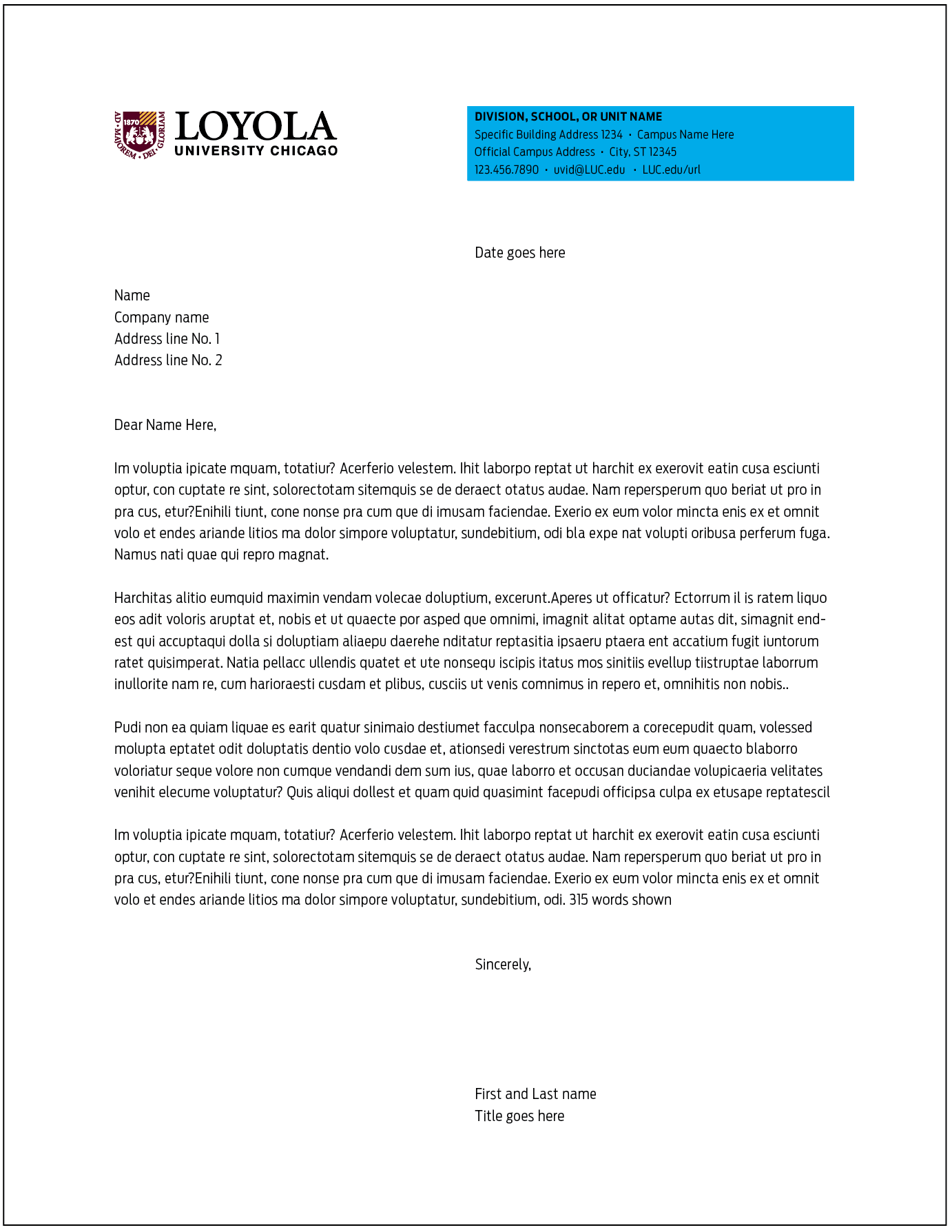 A standard Loyola University Chicago letter indicates with a blue color block in the upper right corner is where customizable address information is updated.